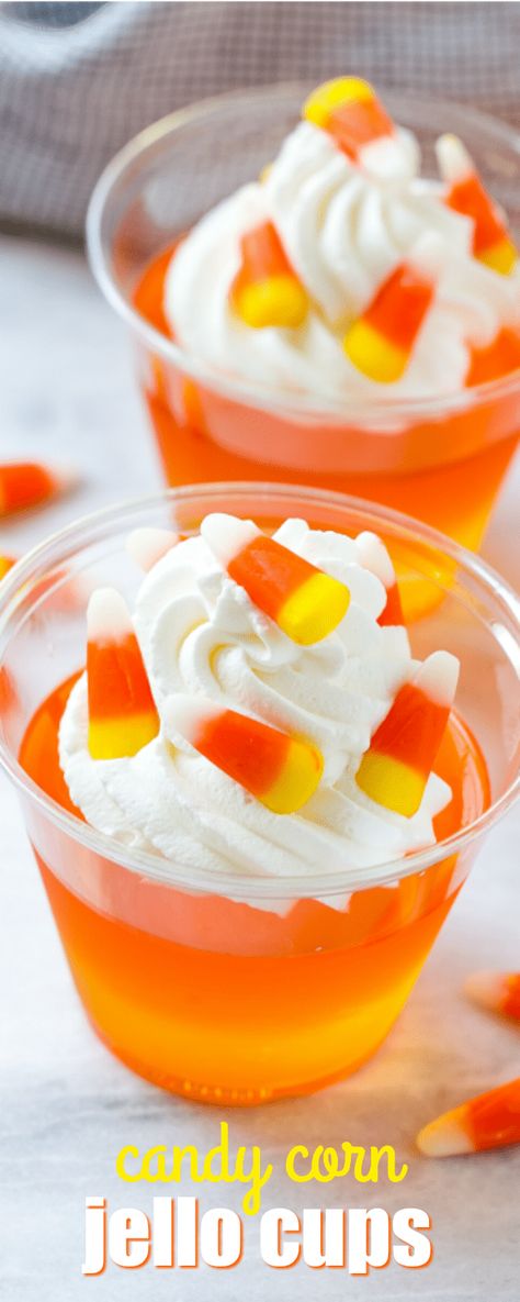 These CANDY CORN JELLO CUPS are an easy make-ahead treat that's perfect for Halloween parties or as a special fall snack! via @realhousemoms Corn Images, Candy Corn Jello, Jello Worms, Candy Corn Desserts, Candy Corn Jello Shots, Candy Corn Recipe, Halloween Jello Shots, Halloween Jello, Jello Flavors