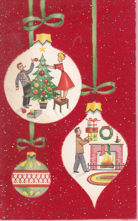 Vintage 1950's Flocked Christmas Card w/  Retro Ornaments C7 Christmas Vintage Cards, Christmas Cards Vintage, Vintage Holiday Cards, Postal Vintage, Vintage Christmas Greeting Cards, Retro Ornaments, Vintage Christmas Images, Vintage Xmas, Mid Century Christmas