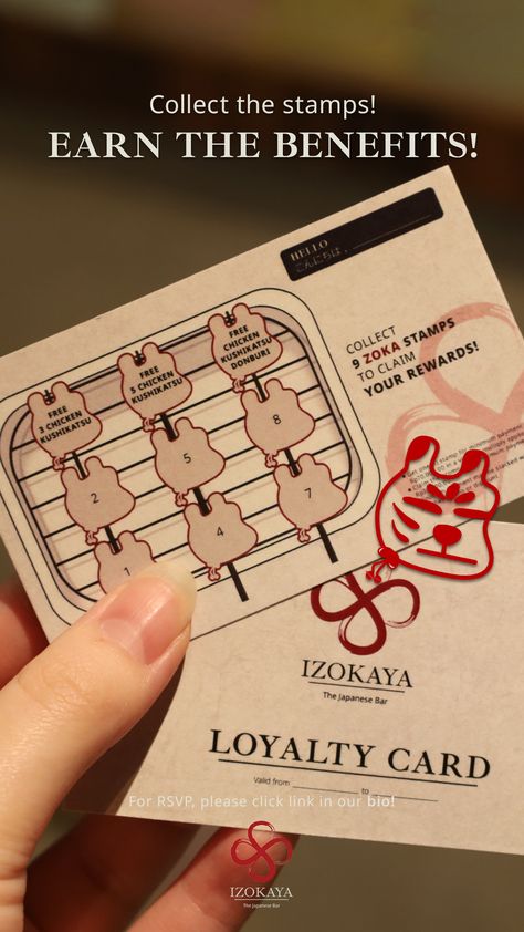 Loyalty Card; collect the stamps! Stories for Izokaya, Japanese food Restaurant located in Melawai, South Jakarta Stamp Card Loyalty, Loyalty Card Design, Meat Restaurant, South Jakarta, Menu Card Design, Japanese Menu, Stamp Card, Membership Card, Loyalty Card