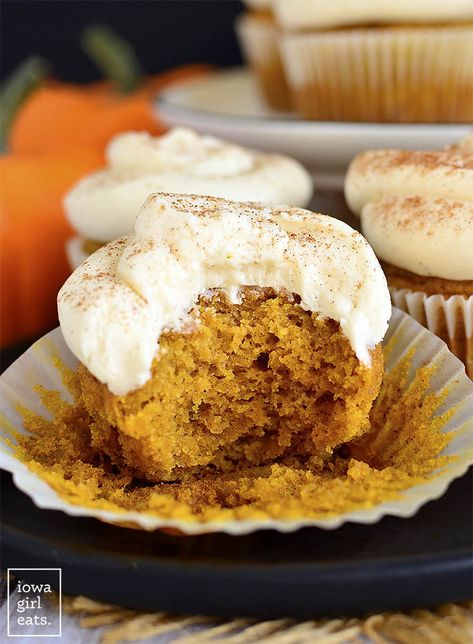 Gluten Free Pumpkin Cupcakes with Cream Cheese Frosting are tender and flavored with warming pumpkin pie spice. The perfect fall treat!  | iowagirleats.com Gluten Free Pumpkin Cupcakes, Pumpkin Cupcakes With Cream Cheese, Pumpkin Cream Cheese Pie, Gluten Free Pumpkin Muffins, Gluten Free Pumpkin Pie, Cupcakes With Cream Cheese Frosting, Iowa Girl Eats, Holiday Favorite Recipes, Gluten Free Bakery