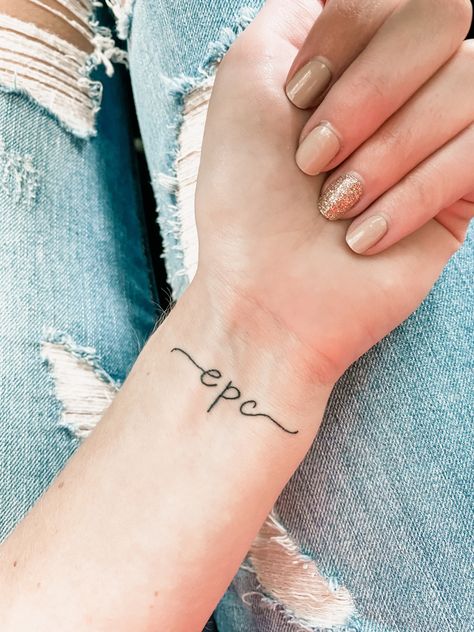 Small Initial Tattoo On Wrist, Initial Tattoo On Wrist For Women, Initial On Wrist Tattoo, Cute Initial Tattoos For Women, Three Initial Tattoo Ideas, Small Kids Tattoos For Moms, Wrist Initial Tattoo, Kids Initials Tattoos For Women, 3 Kid Tattoos For Moms