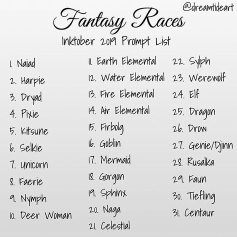 I’ll actually be joining in on Inktober this year! I decided to make my own prompt list. I’ve chosen fantasy races from folklore,… Dnd World, Character Help, Prompt Generator, Drawing Challenges, 30 Day Drawing Challenge, Prompt List, Dnd Races, Drawing Prompts, Creative Drawing Prompts