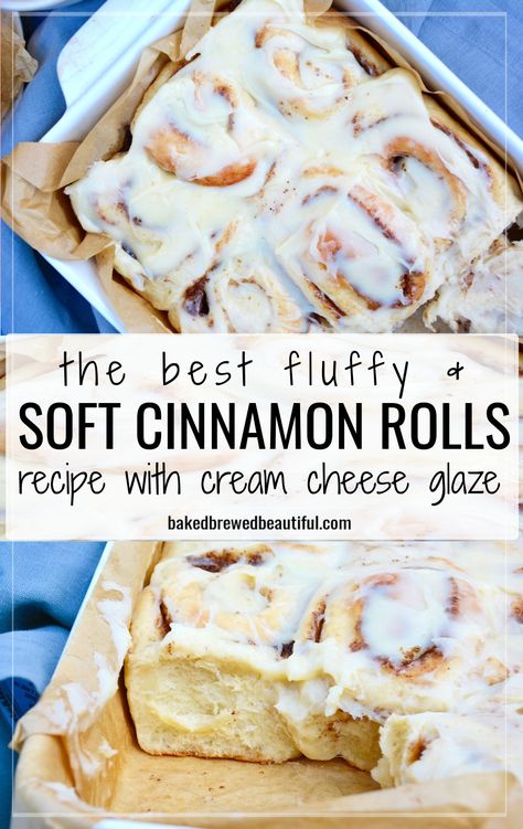 gooey cinnamon rolls in a baking pan Cinnamon Rolls Using Bread Flour, Cinnamon Rolls Fluffy Soft, Best Soft Cinnamon Rolls Ever, Fluffy Gooey Cinnamon Rolls, Cinna Buns Recipe, Cinnamon Bun Recipe Homemade, Homemade Soft Cinnamon Rolls, Easy Soft Cinnamon Rolls, Light Fluffy Cinnamon Rolls