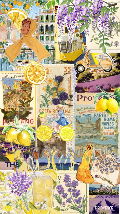 purple and yellow vintage european summer aesthetic collage lemons lavender italy cote d’azur south of france Mediterranean lemonade wisteria postage stamp Vintage European Summer, Summer Aesthetic Collage, June Mood Board, Summer Prints Wallpaper, European Summer Aesthetic, Cute Summer Wallpapers, Vintage European, Phone Wallpaper Patterns, Purple And Yellow