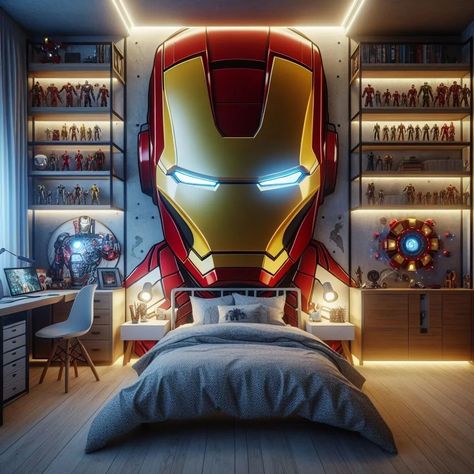 Iron Man Bedroom Ideas, Ironman Bedroom, Boys Marvel Bedroom, Marvel Themed Bedroom, Iron Man Bedroom, Transformers Bedroom, Iron Man Room, Man Room Design, Marvel Room Ideas