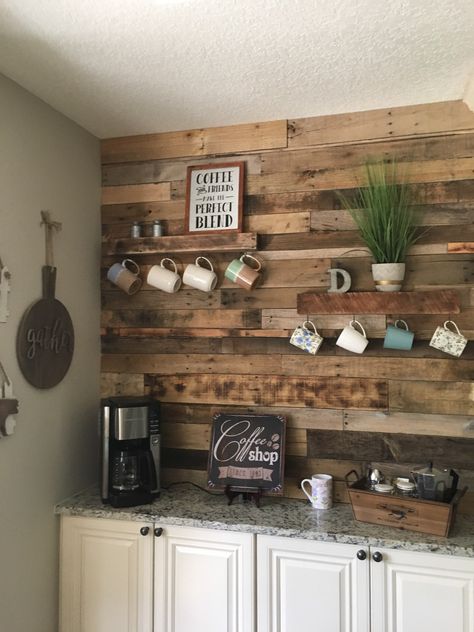 Our Coffee Pallet Wall Diy Kitchen Pallet Ideas, Pallet Board Backsplash, Pallet Wall With Shelves, Pallet Wall Kitchen, Pallet Projects For Kitchen, Kitchen With Wood Walls, Pallet Cabinets Kitchen, Pallet Kitchen Ideas, Pallet Coffee Bar