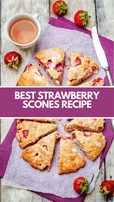 Best Strawberry Scones Recipe is made with fresh strawberries, butter, and a touch of sugar, creating tender and flaky scones this recipe serves 8 and takes about 30 minutes to prepare, making it perfect for breakfast or afternoon tea. Savoury Strawberry Recipes, Breakfast Recipes With Strawberries, Recipes With Strawberry Puree, Strawberry Breakfast Recipes, Savory Strawberry Recipes, Scones Strawberry, Strawberry Scones Recipe, Strawberry Scone, Flaky Scones