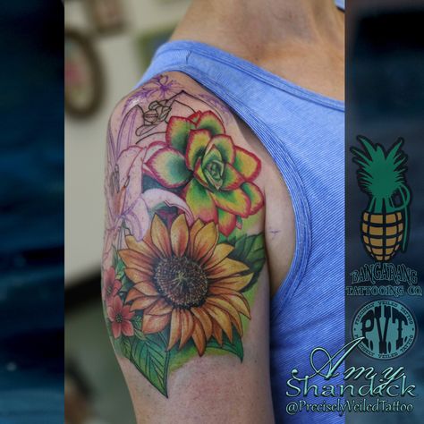 Sunflower And Succulent Tattoo, Lace Sleeve Tattoos, Succulent Tattoo, Healed Tattoo, Killeen Texas, Sunflower Tattoo Sleeve, Flower Sleeve, Flower Tattoo Sleeve, Sunflower Tattoos