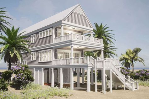 Front-left rendering with an outdoor living framed with white columns. Beach House Plans On Pilings, Beach House Flooring, Beach House Floor Plans, Art Deco Style Interior, Beach House Plan, Alternative Living, Coastal House Plans, Beachfront House, Coastal House