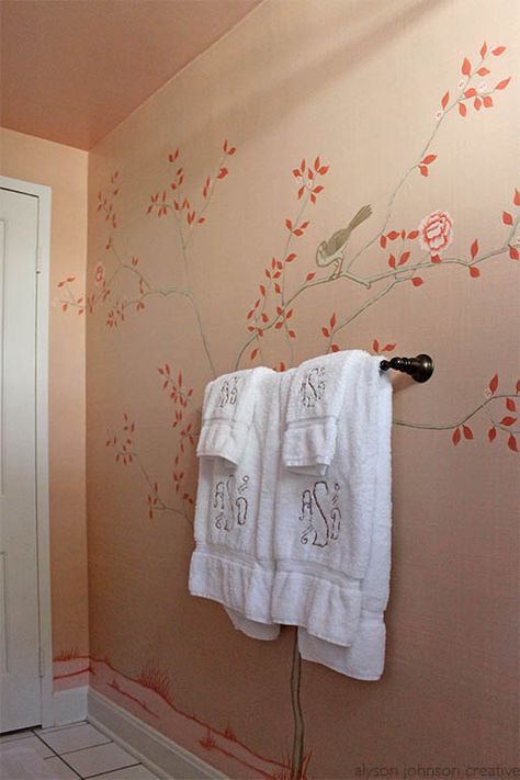 Obsessed with this Hand-Painted Chinoiserie Bath Mural by Alyson Johnson Creative! Peach Chinoiserie Wallpaper, Coral Chinoiserie, Hand Painted Bathroom, Sliding Cabinet, Sliding Cabinet Doors, Semi Gloss Paint, Painted Bathroom, Painted Wallpaper, Wallpaper Bathroom