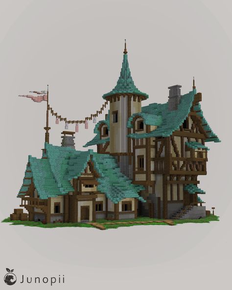 Minecraft build of a medieval house with slopped roofs, a flag, and hanging banners. Minecraft Roof, Minecraft W, Mc Ideas, Mc Builds, Pixel Art Landscape, Minecraft Structures, Build Inspiration, Minecraft Castle, Minecraft Medieval