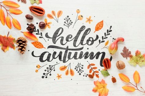 Hello autumn calligraphy with leaves Fre... | Free Psd #Freepik #freepsd #mockup #template #leaf #nature Autumn Calligraphy, White Background Quotes, Autumn Quotes, Dry Leaf, Leaf Nature, Natural Frame, Nature Decor, Shades Of Orange, Hello Autumn