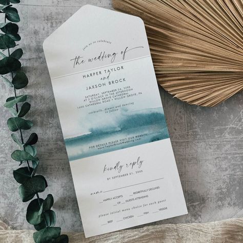 Dark Teal Wedding, Folded Invitation, Wedding Announcement Cards, Budget Wedding Invitations, Summer Wedding Invitations, Teal Wedding, Modern Watercolor, Rsvp Postcard, Wedding Invitations Boho