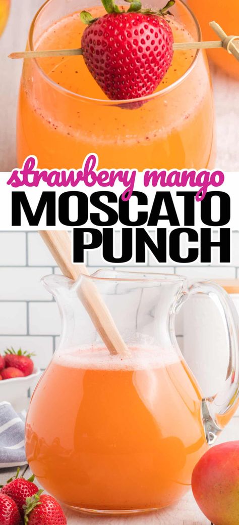 Tropical and sweet with just the right amount of fizz, Strawberry Mango Moscato Punch is the PERFECT happy hour cocktail for a hot summer day! #RealHousemoms #strawberry #mango #moscato #wine #punch #cocktail #drinks #mothersday Moscato Punch Recipes, Moscato Wine Punch, Moscato Drinks, Wine Punch Recipes, Moscato Punch, Mango Wine, Wine Punch, Mango Drinks, Yummy Alcoholic Drinks