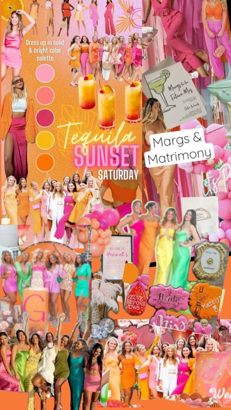 Margs And Matrimony Color Palette, Cancun Wedding Colors, Bright Hens Party Theme, Bright Color Bachelorette Party, Bachorlette Party Theme, Summer Sunset Party, Cancun Bachelorette, Mixology Party, Glamping Bachelorette Party