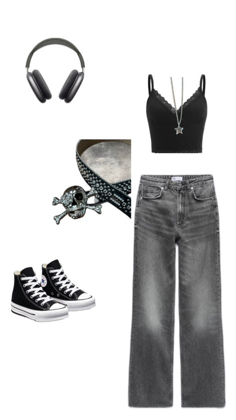 casual grudge, black tank top, grey jeans, black head phones, skull belt, silver, and converse Simple Black Outfits, Imaginary Characters, Skull Belt, Head Phones, Jeans And Converse, Hacks Clothes, Black Headphones, Fashion Hacks, Wide Jeans