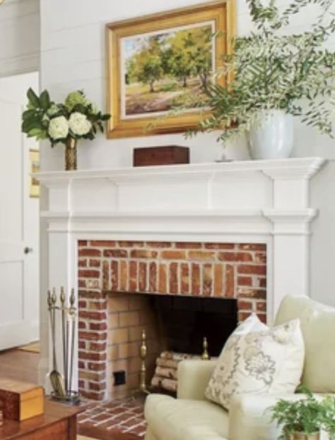 New England Fireplace Ideas, Southern Living Fireplace, Classic Brick Fireplace, Living Room Fireplace Brick, Small Built Ins Around Fireplace, Traditional Fire Place, Historic Home Fireplace, Brick Wall Mantle, Two Story Brick Fireplace