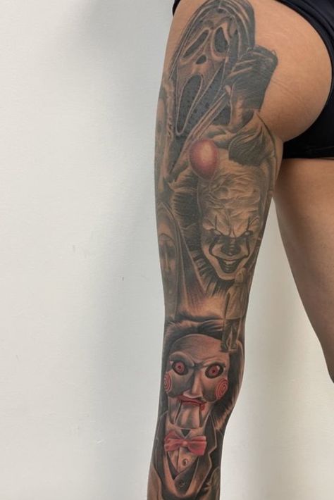 Scary Leg Tattoos Women, Horror Movie Character Tattoos, Horror Thigh Tattoo, Horror Tattoo Designs Drawings, Horror Sleeve Tattoos For Women, Monster House Tattoo, Horror Movie Tattoos For Women, Horror Film Tattoo, Horror Characters Tattoo