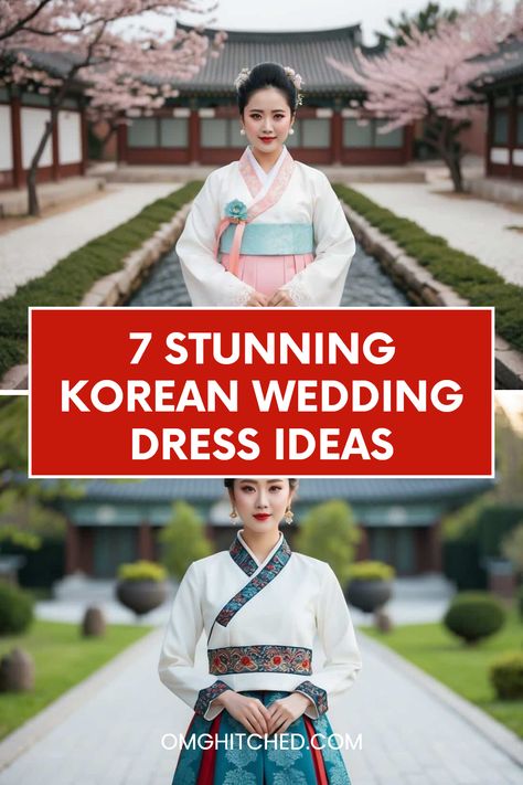 Planning your big day? Get inspired by these 7 stunning Korean wedding dress ideas that blend beauty with tradition! Picture a gorgeous bride in a delicate lace Hanbok, surrounded by cherry blossoms in a serene courtyard, or a chic bride showcasing modern Jeogori patterns in a beautiful garden. Whether you're dreaming of a classic or modern touch, these outfits are sure to make your celebration unforgettable. Save this pin for inspired, unique wedding fashions that add culture and flair to your special day! Korean Inspired Wedding Dress, Korean Hanbok Wedding Dress, Hanbok Wedding Dress, Last Minute Wedding Gifts, Hanbok Wedding, Korean Bride, Korean Wedding Dress, Embroidered Silk Dresses, Hanbok Traditional