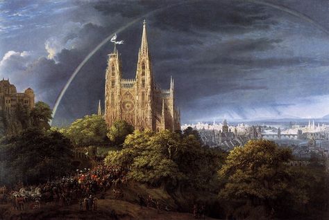 https://flic.kr/p/7CAver | Schinkel, Karl Friedrich (1781-1841) - 1815 Gothic Cathedral with Imperial Palace (National Gallery, Berlin) | Oil on canvas;   94 x 140 cm  German architect, painter, and designer, active mainly in Berlin. Schinkel was the greatest German architect of the 19th century, but until 1815, when he gained a senior appointment in the Public Works Department of Prussia (from which position he effectively redesigned Berlin), he worked mainly as a painter and stage designer. Hi Karl Friedrich Schinkel, Medieval City, Gothic Cathedrals, City Planner, Great Works Of Art, Caspar David Friedrich, Gothic Cathedral, Imperial Palace, Architecture Painting