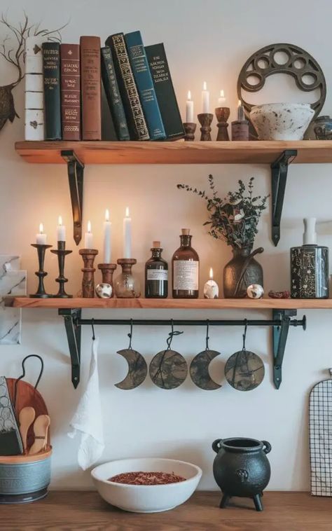 Pagan Bedroom, Witchy Kitchen Ideas, Pagan Aesthetic, Dark Homes, Witchy Cottage, Witchy Kitchen, Halloween Kitchen Decor, Sink Decor, Spiritual Home