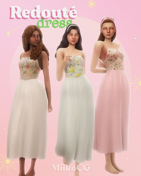 Redouté dress | Miiko on Patreon Sims 4 Cc Dress, Cc Dress, Cottage Dress, Cottagecore Clothes, Sims 4 Mm Cc, Sims 4 Teen, Sims 4 Dresses, Sims 4 Mm, Dress Party Night