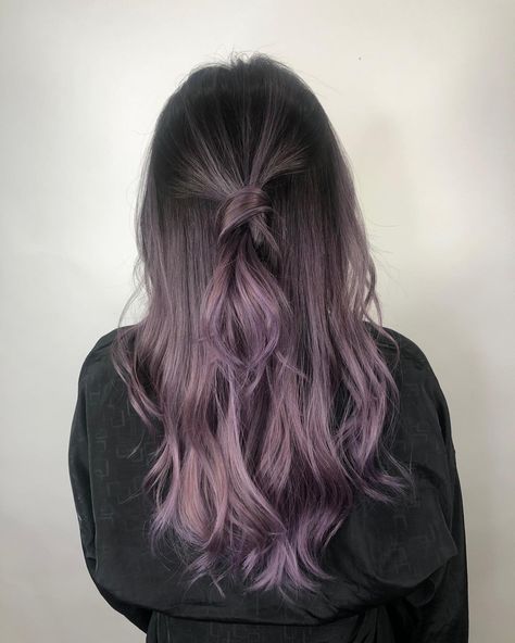 Smokey Purple Hair Balayage, Muted Lavender Hair, Ash Lavender Hair Balayage, Purple Brunette Balayage, Black Lavender Hair, Ash Mauve Hair, Balayage Hair Color Ideas For Black Hair, Smoky Lavender Hair, Professional Hair Color For Work