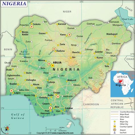 Nigeria is a Western African country that borders the Gulf of Guinea between Cameroon and Benin. Nigeria has diverse landform. It includes southern lowlands, which merge with the hills at the center of the country as well as plateaus. The Nigerian economy is the largest economy in Sub-Saharan Africa. In 2018, the nominal GDP grew at a rate of 1.9% (much higher than that of 0.8% in 2017) to US$397.270 billion. Read on to know more. Map Of Nigeria, Lake Chad, Nigeria Flag, Africa Continent, Benin City, Landform, Country Facts, Nigeria Africa, African Travel