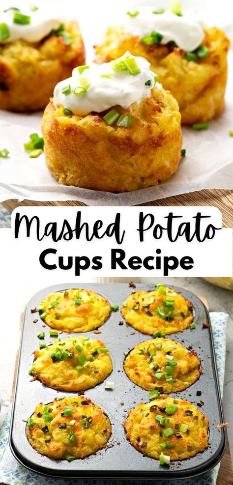 Mashed Potato Cups Recipe Mashed Potato Cups, Potato Bites Recipe, Potato Cups, Mashed Potato Bites, Baked Mashed Potatoes, Mashed Potato Cakes, Potato Muffins, Loaded Mashed Potatoes, Potato Bites