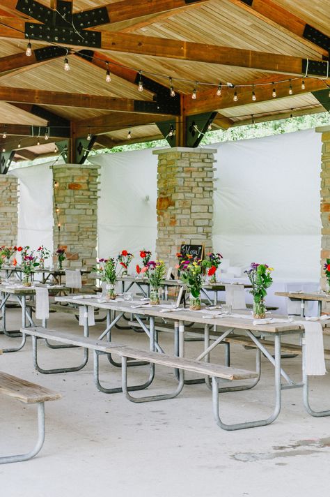 Pavillion Bridal Shower Ideas, Forest Preserve Party, Park Pavilion Decor, Park Pavillion Wedding Reception, Shelter House Wedding Reception, Picnic Pavilion Wedding, Park Wedding Ideas Pavilion, Outdoor Pavillion Wedding Reception, Picnic Pavilion Decorations