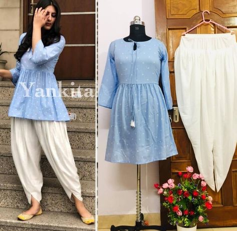 Short Kurti With Patiala Salwar, Short Kurta With Salwar, Kurti And Dhoti For Women, Dhoti Frock Dress, Simple Short Kurti Designs, Short Kurti With Salwar, Dhoti Kurta Women, Patiala Suit Designs, Stylish Kurtis Design