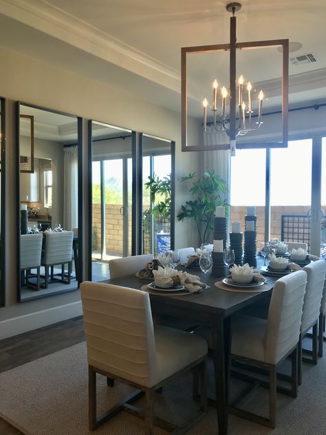 Dinning Room Mirror Ideas Wall, Mirrors In Dining Room Wall, Dining Mirror Wall Ideas, Large Mirror In Dining Room, Mirror Wall Dining Room, Dining Room Mirror Ideas, Mirror In Dining Room, Dinning Room Mirror, Dining Room Inspiration Modern