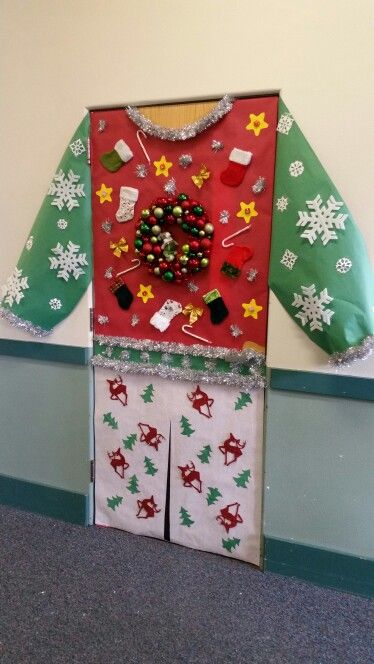 Ugly Sweater Holiday Door Decoration Holiday Classroom Doors, Winter Classroom Door, Diy Christmas Door Decorations, Door Decorations Classroom Christmas, Classroom Christmas Decorations, Holiday Door Decorations, Diy Christmas Door, Christmas Door Decorating Contest, Christmas Classroom Door