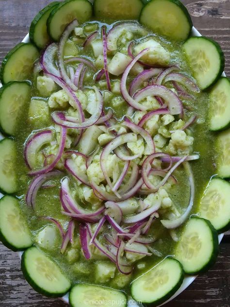 Cauliflower spicy ceviche (aguachile style) | Salads | nicolaspujol.com Agua Chile Recipe, Aguachile Recipe, Ceviche Salad, Vegan Mexican Recipes, Plantain Chips, Vegan Cauliflower, Vegan Mexican, Mexican Food Recipes Authentic, Mexican Style