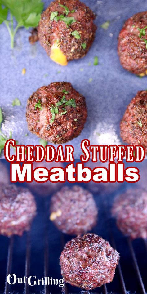 Ground Beef Grill, Catering Appetizers, Comfort Food Appetizers, Meatballs Appetizer, July Appetizers, Grilled Appetizers, Ground Beef Meatballs, Beef Appetizers, Stuffed Meatballs