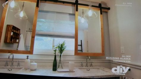 Cool idea if you must put vanity under window Bathroom With Sink Under Window, Vanity Under Window Bathroom, Vanity With Window Above, Sink Under Window Bathroom, Sliding Mirror Over Window, Bathroom Vanity Under Window, Bathroom Sink Under Window, Vanity Under Window, Vanity In Front Of Window