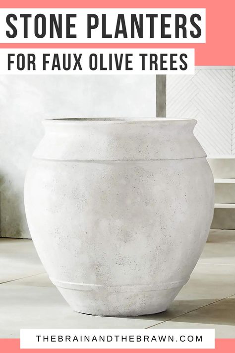 Faux Olive Trees In Pots, Indoor Tree Planter Pots, Planter For Olive Tree, Olive Tree Pot Indoor, White Planters Outdoor, Olive Tree Planter, Faux Stone Planter, Tall White Planter, Indoor Olive Tree