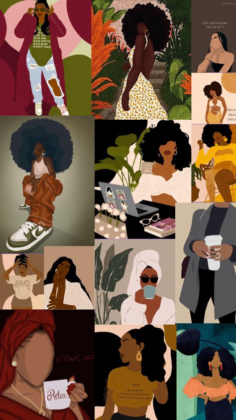 Explore a stunning collection that celebrates the everyday elegance and strength of Black women. This collage features powerful illustrations that highlight self-care, confidence, and authenticity. Perfect for adding inspiration to your Pinterest boards. #BlackWomanhood #SelfCare #EmpowermentArt #ModernIllustrations #ArtisticExpression #BlackCulture #PinterestArt #TrendingArt2024 #WomenInArt #EverydayElegance Self Care Illustration, Woman Self Care, Care Illustration, Empowerment Art, African American Art, Black Culture, American Art, African American, Art Inspo