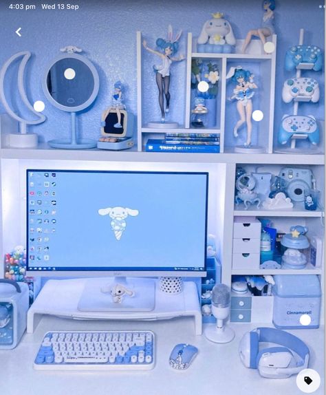 Cute Blue Gaming Setup, Kawaii Gaming Setup Blue, Blue Gaming Room Setup, Blue And White Gaming Setup, Cinnamoroll Gaming Setup, Blue Kawaii Room, Blue Desk Aesthetic, Blue Gaming Room, Blue Gaming Setup