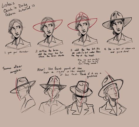 Wearing A Hat Drawing Reference, How To Draw Top Hat, How To Draw Fedora Hat, Fedora Art Reference, How To Draw Wizard Hat, Fedora Hat Reference, Character With Hat Drawing, Tipping Cowboy Hat Pose, Neck Bandana Drawing Reference