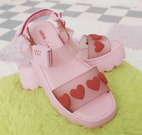 Pink Platform Sandals with Heart Parttern (Melissa x Lazy Oaf)🎀 #aesthetic #shoes #pink #sandals #soft Aesthetic Sandals, Sandals Aesthetic, Plastic Sandals, African Symbols, Dr Shoes, Pink Platforms, Kawaii Shoes, Funky Shoes, Lazy Oaf