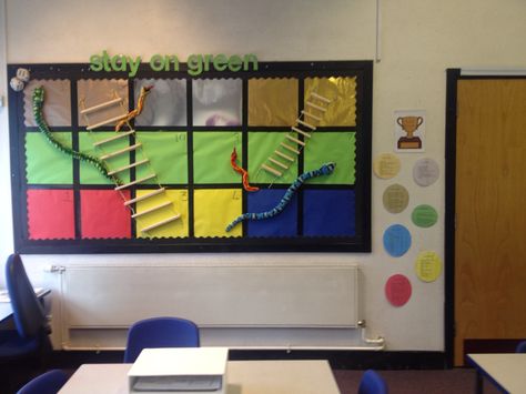 'Stay on Green' behaviour school display. Snakes and ladders board Chutes And Ladders Bulletin Board, School Display, Emotion Regulation, Teacher Bulletin Boards, Primary Ideas, Golden Time, Snakes And Ladders, School Displays, Classroom Inspiration