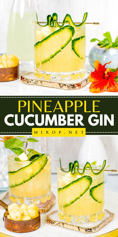 Try this Pineapple Cucumber Gin recipe to cool off this summer! An ideal alcoholic 4th of July party drink, this refreshing summer cocktail recipe combines gin, pineapple, cucumber, fresh mint, lime juice, simple syrup, and tonic water. Try it out now! Cucumber Alcoholic Drinks, Gin And Juice, Cucumber Drink Alcohol, Cucumber Martini Recipe, Gin Mixed Drinks, Cucumber Mint Gin And Tonic, Gin Pineapple, Gin Tonic Cucumber, Cucumber Gin Cocktail