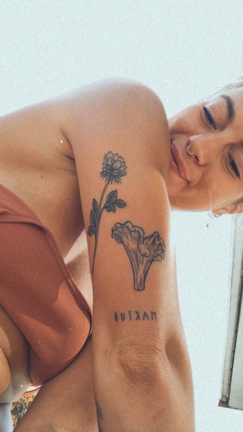 Behind Forearm Tattoos For Women, Small Above Elbow Tattoo, Matching Elbow Tattoos, Cute Quirky Tattoos, Bicep Tattoo Placement, Mushroom Arm Tattoo, Leaf And Flower Tattoo, Half Tattoo Sleeve, Wild Lawn