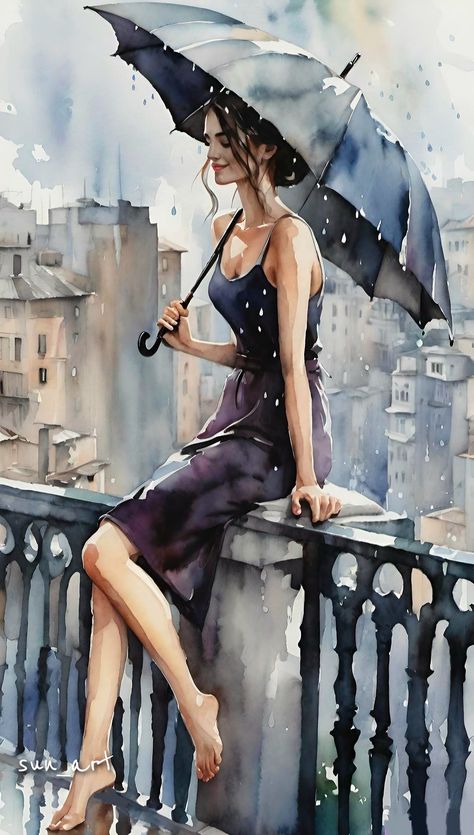 Rain Drawing, American Indian Girl, Fashion Artwork, Umbrella Art, Fancy Art, Image 3d, Female Art Painting, Walking In The Rain, Girly Art Illustrations