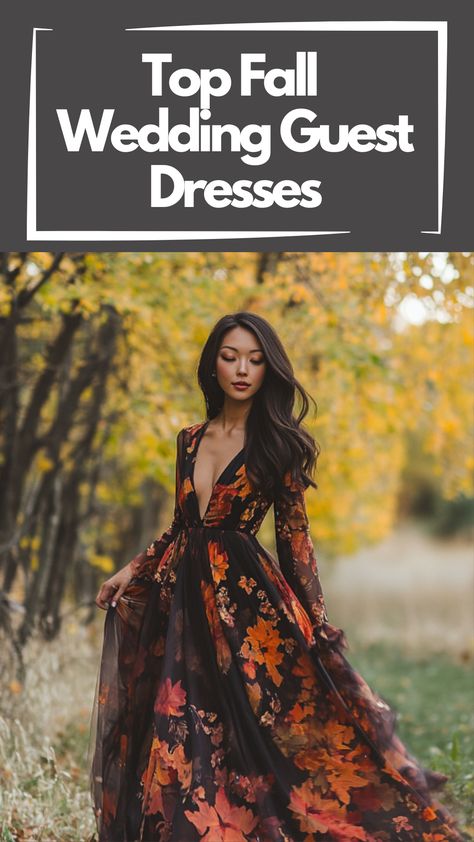 A woman wearing a stylish fall wedding guest dress in rich autumn colors, standing outdoors with fall leaves in the background. Cocktail Fall Dress, Fall Dress Colors, Autumn Wedding Guest Dress, Wedding Guest Dress For Fall, Elegant Dresses For Wedding Guest, Fall Wedding Guest Outfit, Wedding Guess Dress, Fall Wedding Guest Dresses, Black Tie Wedding Guest Dress