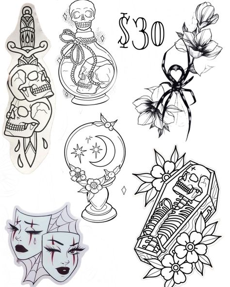 Gothic Tattoo Ideas Female, Female Traditional Tattoo Sleeve, Goth Tattoo Flash Sheet Simple, Creepy Flash Tattoo, Small Goth Tattoo Ideas, Simple Goth Tattoos, Goth Tattoo Flash Sheet, Small Filler Tattoo Ideas, Gothic Doodles