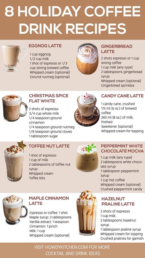 Holiday coffee drink recipes including Toffee Nut Latte, Maple Cinnamon Latte, and Hazelnut Praline Latte offering delicious seasonal flavors for festive mornings or entertaining guests. Warm Drinks For Winter, Drinks For Winter, Holiday Coffee Drinks, Homemade Recipe Books, Espresso Recipes, Coffee Ideas, Coffee Drink Recipes, Winter Drinks, Holiday Coffee