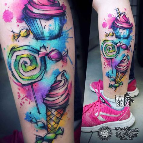 sweets ice-cream watercolor tattoo on ankle Lolly Tattoo, Watercolor Animal Tattoo, Candy Tattoo, Cupcake Tattoos, Small Girly Tattoos, Tattoo Watercolor, Colorful Tattoos, Tattoo Zeichnungen, Best Tattoos For Women