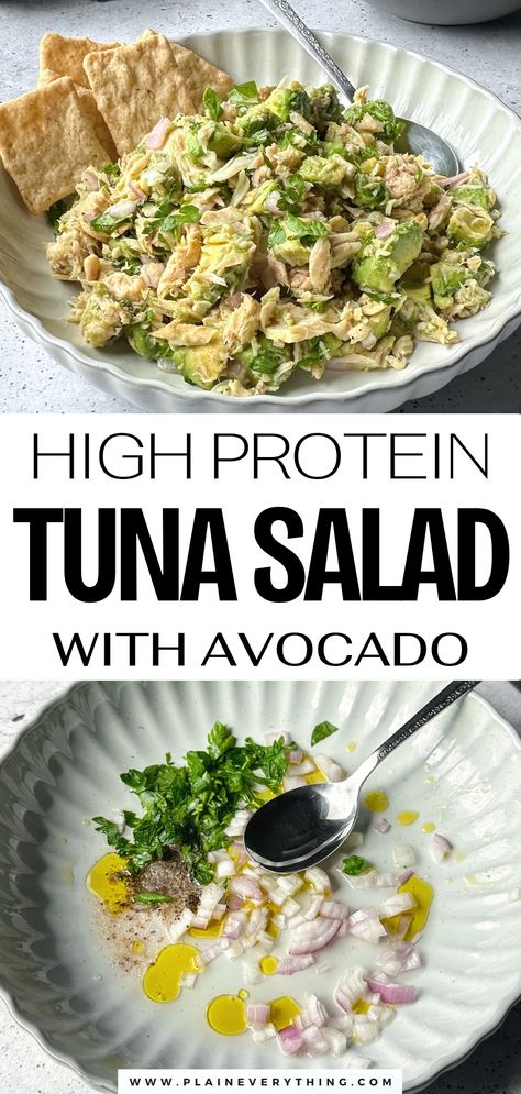 High Protein Healthy Tuna Salad With Avocado Tuna With Avocado Recipes, Tuna With Greek Yogurt Recipes, Tuna Healthy Salad, Tuna Salad Salad Recipe, Tuna Salad Protein, Curried Tuna Salad, Healthy Tuna Salad Sandwich, Tuna Dip Healthy, Easy Healthy Tuna Salad